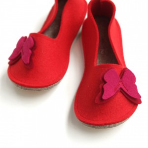 School Kids Wool Felt Slippers - RED Butterfly